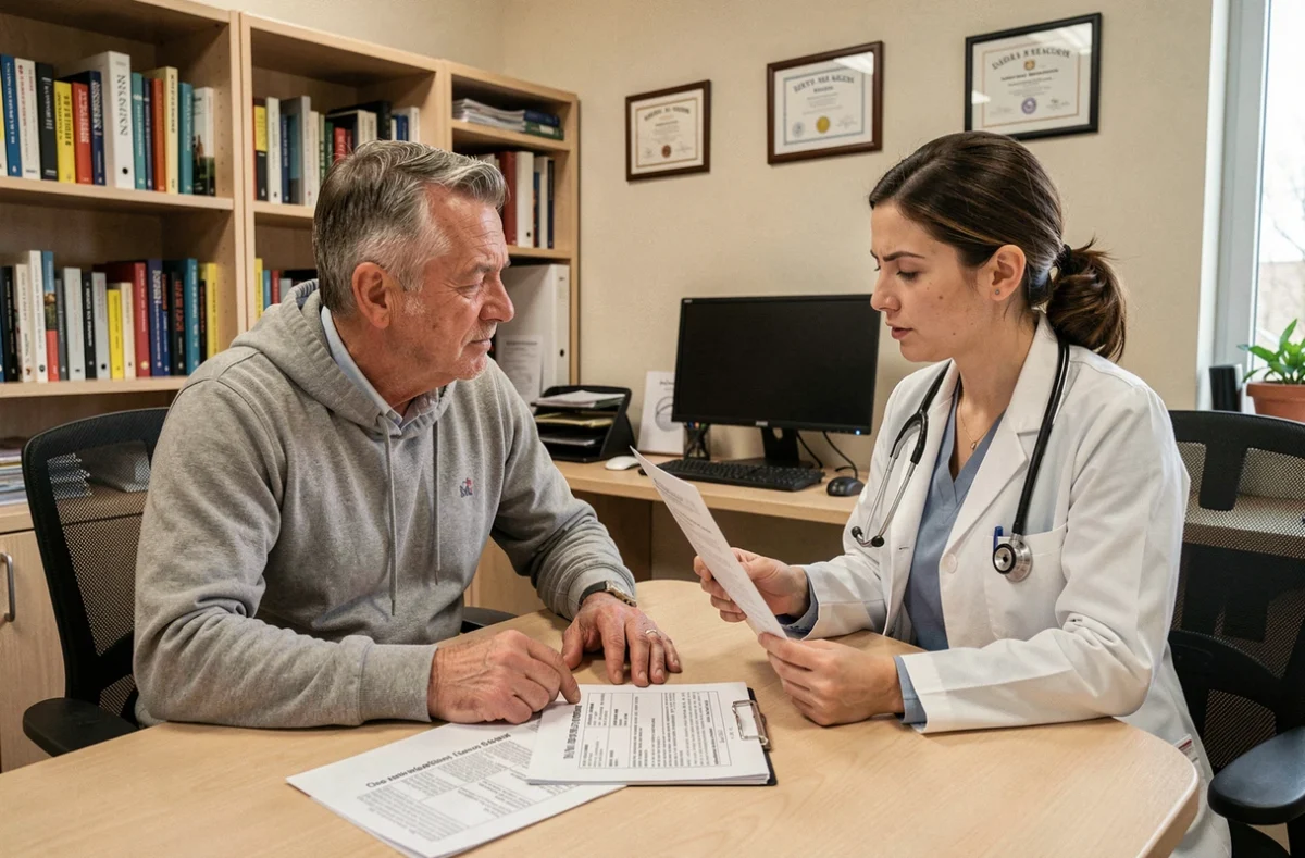 Patient discutant des examens à demander pour des fourmillements dans les bras avec son médecin généraliste