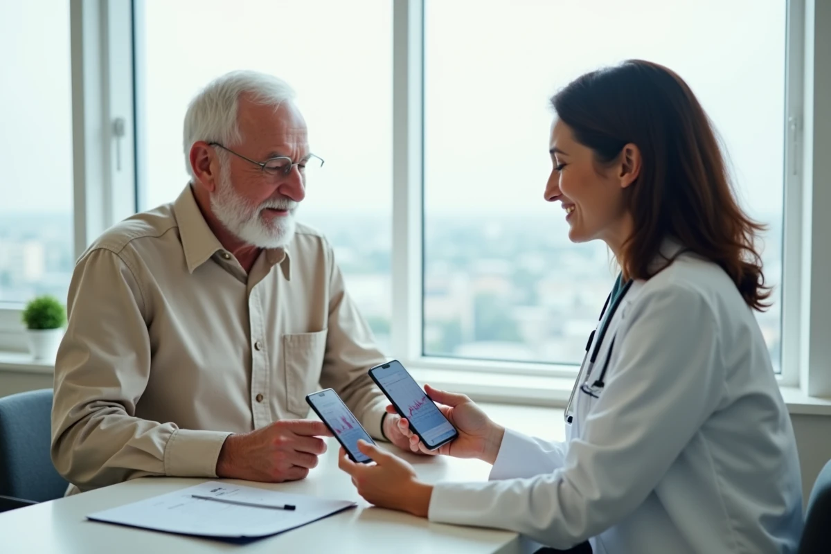Patient âgé partageant ses données de tension artérielle depuis son smartphone avec sa médecin en consultation