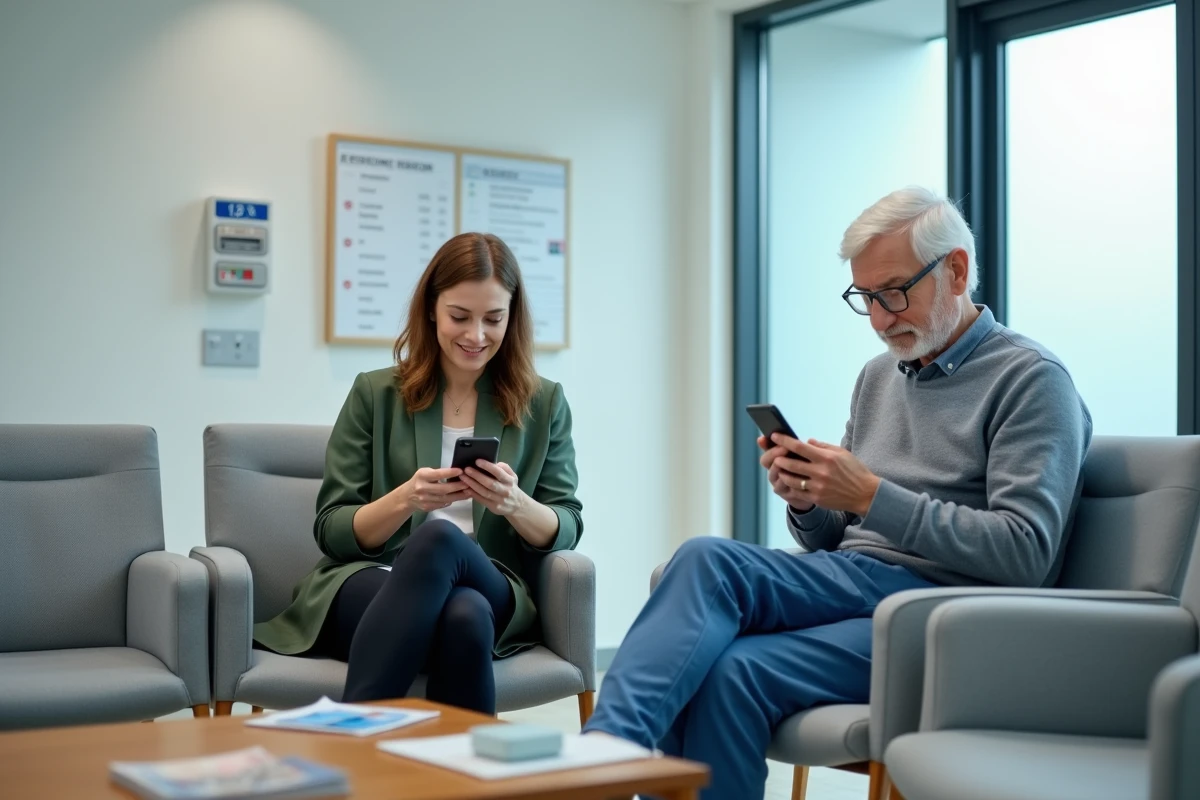 Patients dans une salle d'attente médicale consultant des rappels de rendez-vous sur leurs smartphones