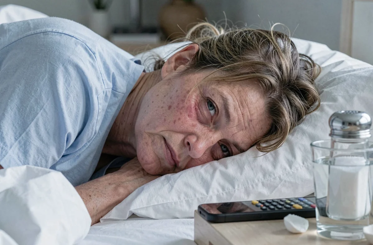 Femme au réveil avec paupières gonflées et inflammation oculaire due aux mauvaises habitudes de sommeil