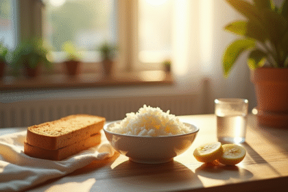 Petit déjeuner cosy avec riz toast banane et eau