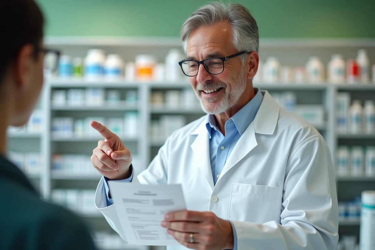 Pharmacien expliquant la posologie d'un traitement antiallergique en gouttes à un patient dans une pharmacie
