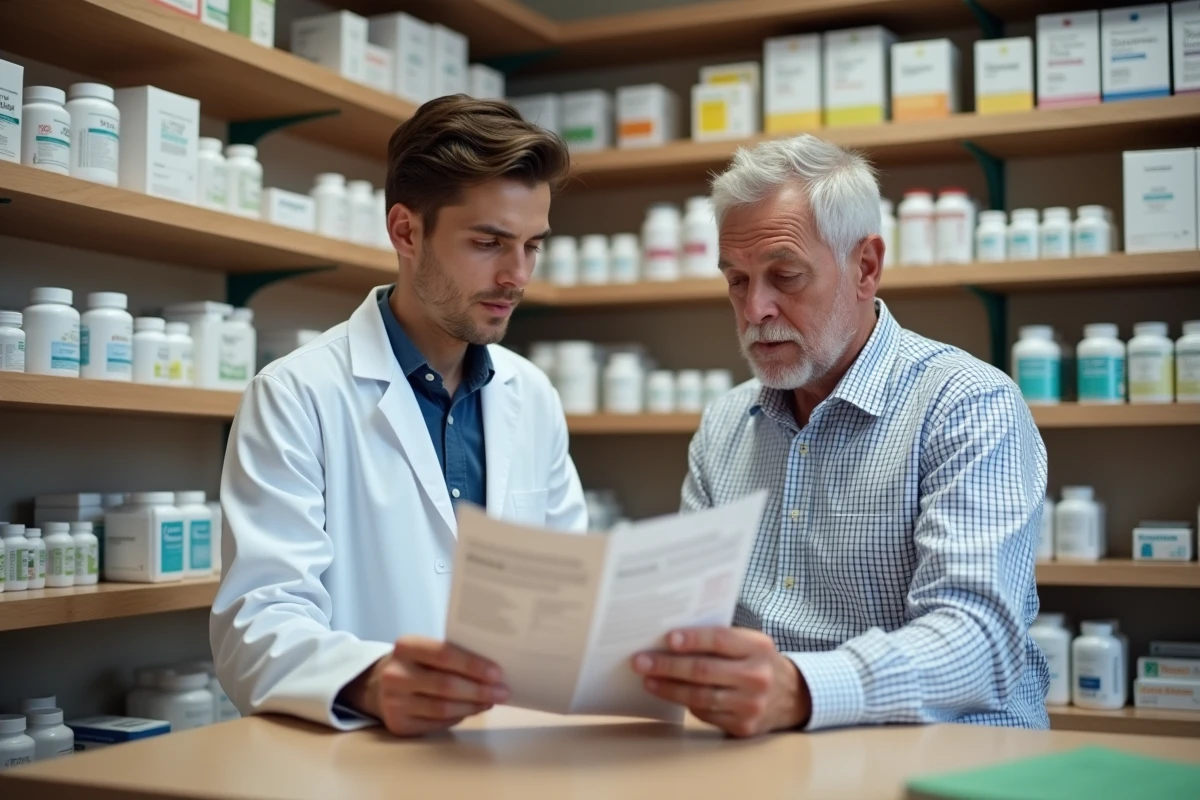 Pharmacien et client discutant de probiotiques en pharmacie