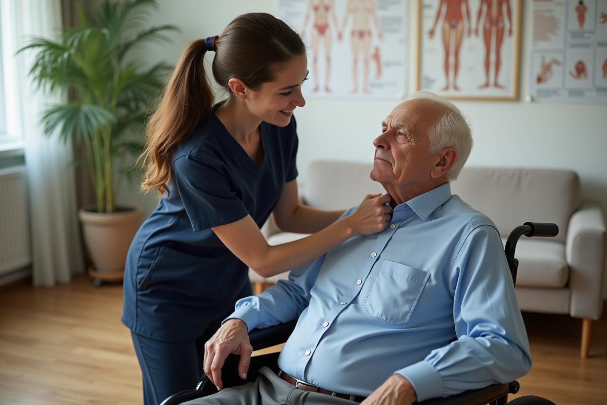 Jeune physiotherapeute évaluant un patient en fauteuil roulant
