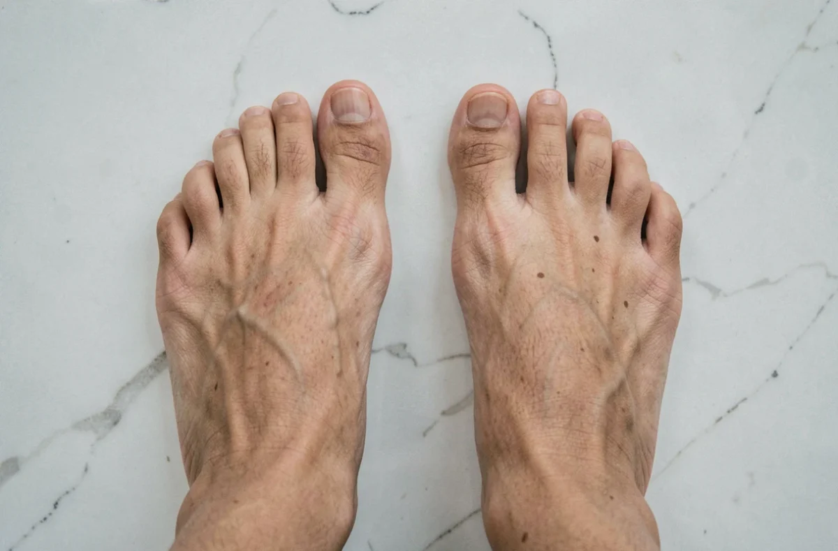 Comparaison entre un pied égyptien et un pied grec posés côte à côte sur marbre blanc