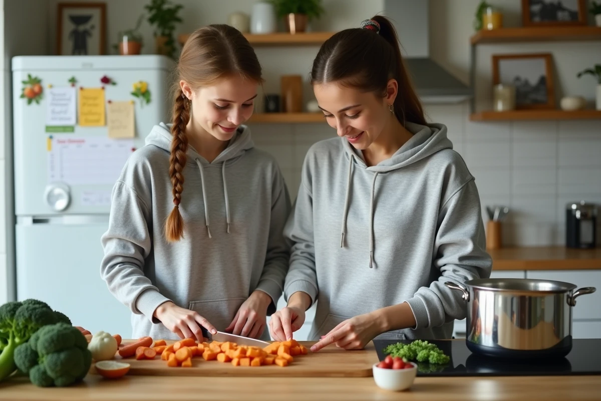 Mère et fille préparant un repas équilibré riche en calcium pour gérer la maladie de Sever en famille