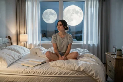 Femme assise dans son lit la nuit, lune pleine visible à travers les rideaux, ambiance apaisée pour illustrer le thème des émotions fortes en pleine lune