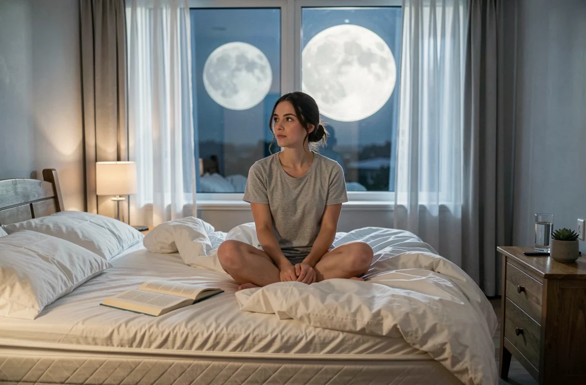 Femme assise dans son lit la nuit, lune pleine visible à travers les rideaux, ambiance apaisée pour illustrer le thème des émotions fortes en pleine lune