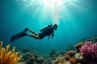 Plongeur en apnée nageant au-dessus d'un corail coloré