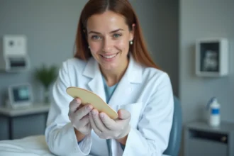 Podologue femme examinant une semelle orthopédique dans un cabinet médical
