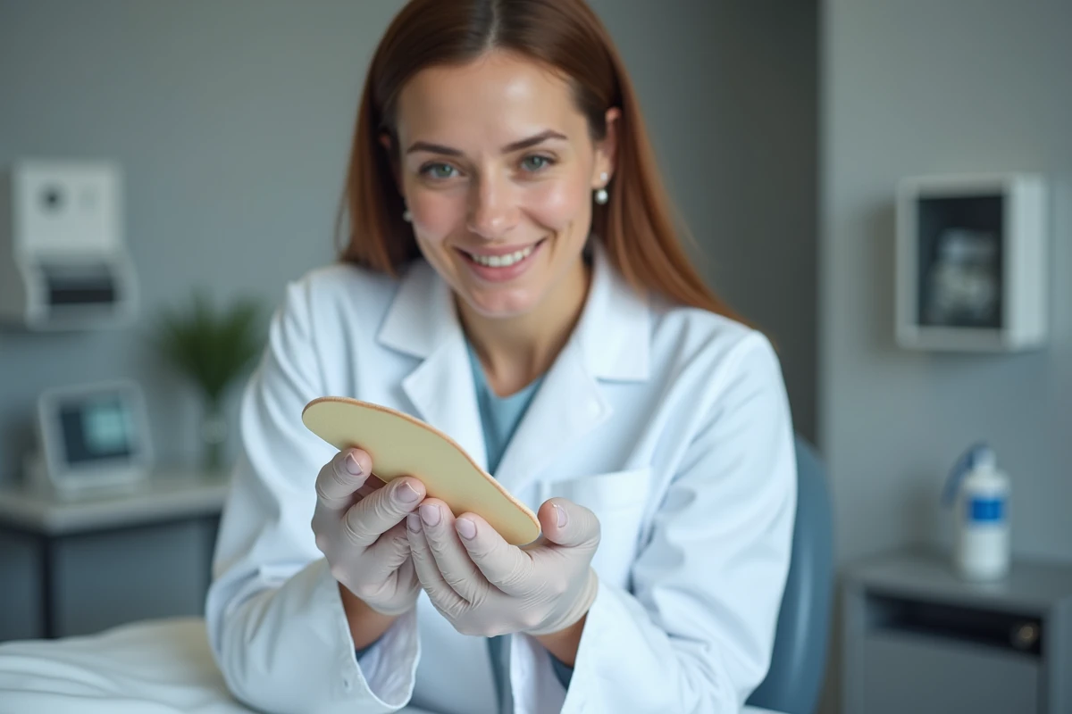 Podologue femme examinant une semelle orthopédique dans un cabinet médical