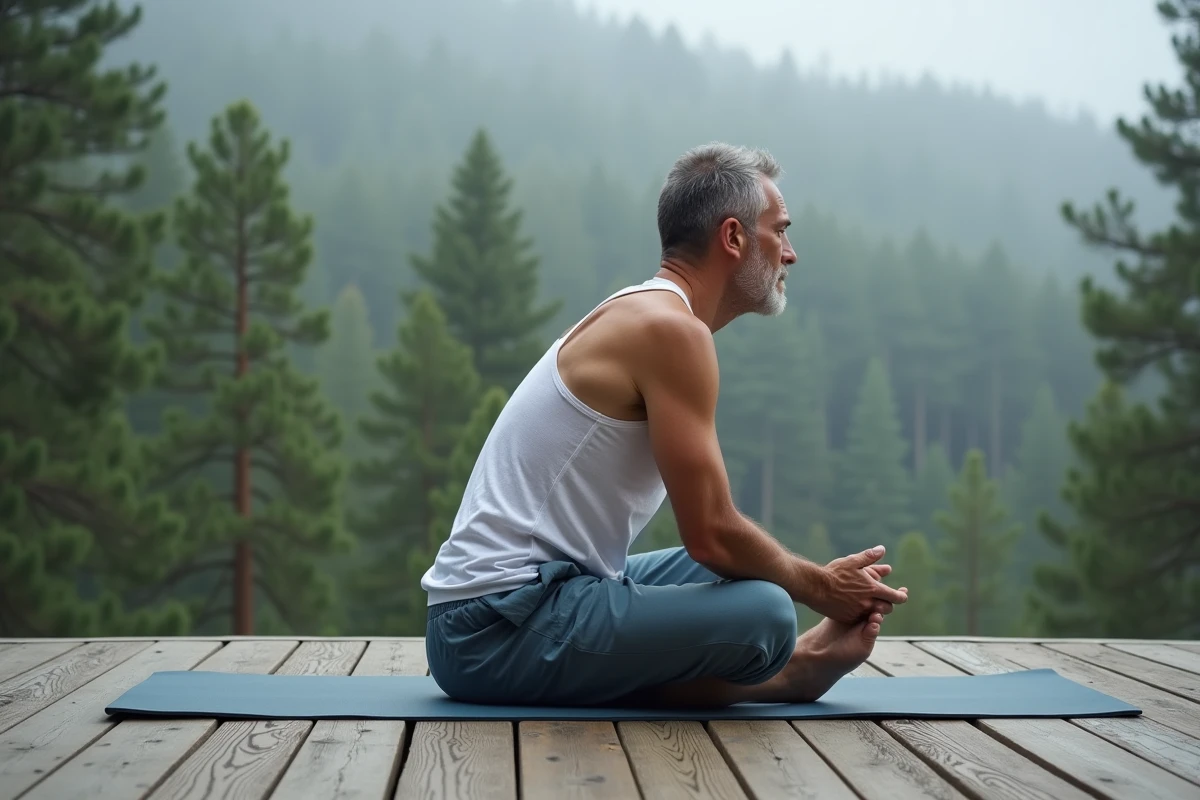Homme en flexion avant assise Paschimottanasana sur une terrasse en bois face à une forêt de pins, représentant les postures yoga de la famille des flexions avant