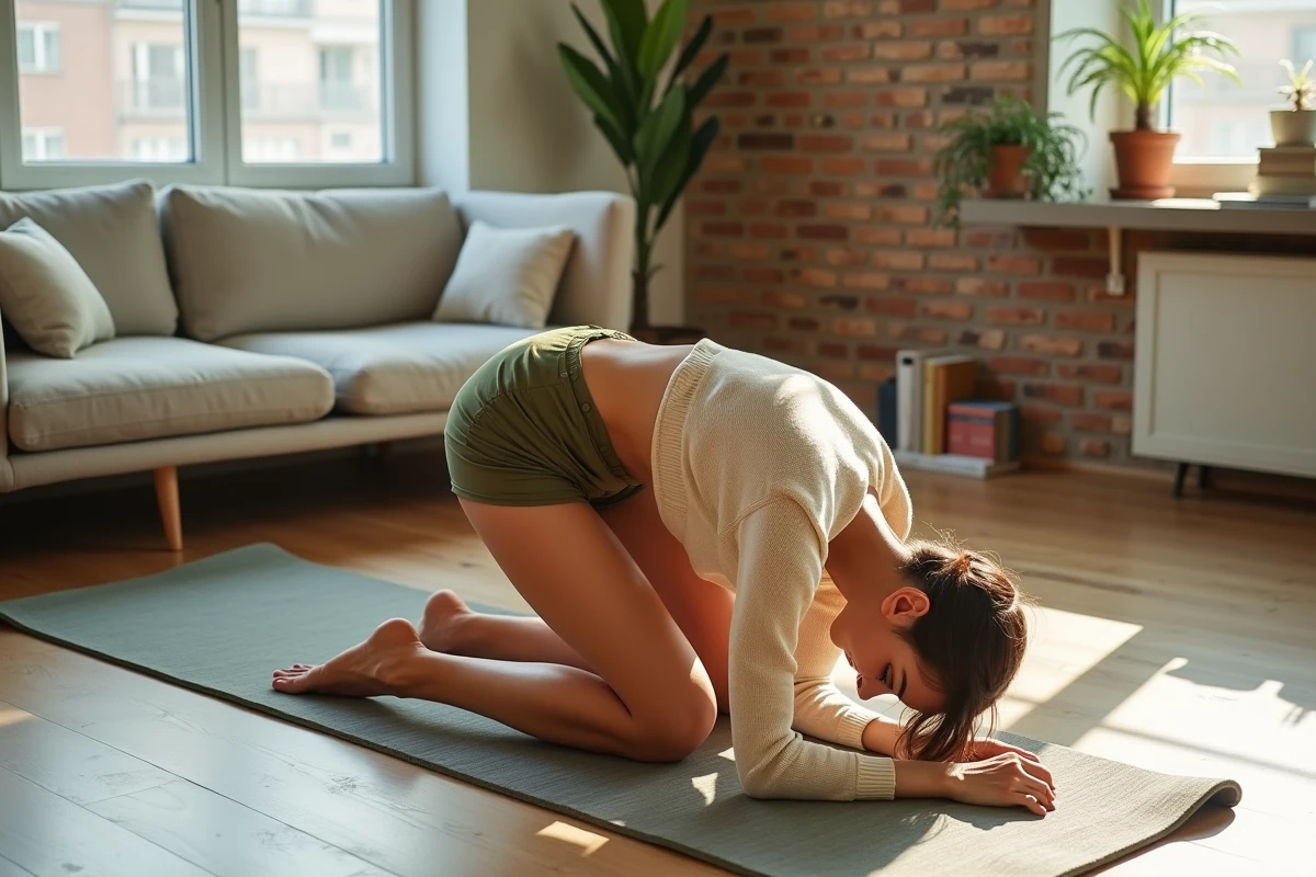 Femme en posture de la vache Bitilasana sur tapis de yoga dans un salon aux briques apparentes, illustration des asanas de la famille des postures à quatre pattes