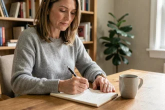 Femme préparant ses questions pour une consultation médicale concernant un taux de TCMH élevé, assise à un bureau avec un carnet de notes