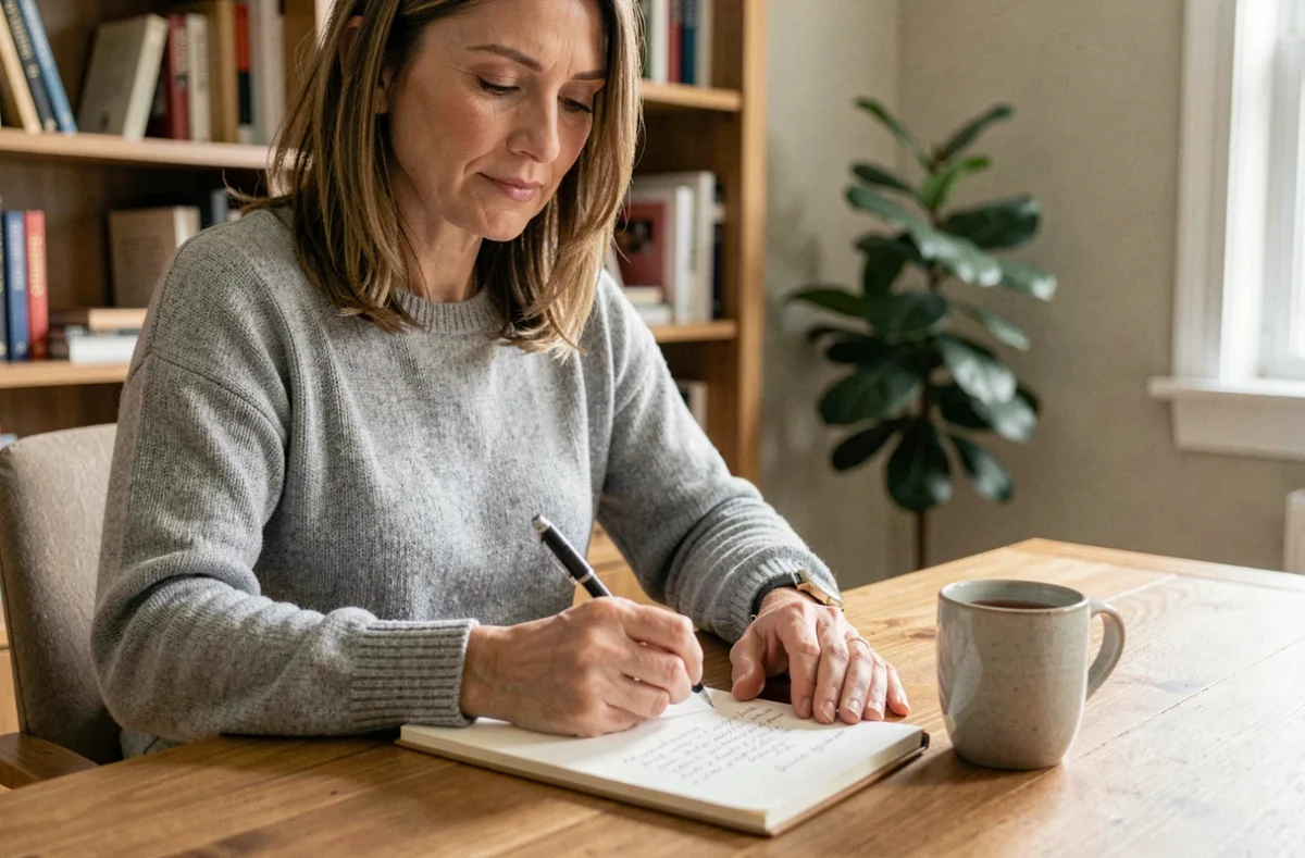 Femme préparant ses questions pour une consultation médicale concernant un taux de TCMH élevé, assise à un bureau avec un carnet de notes