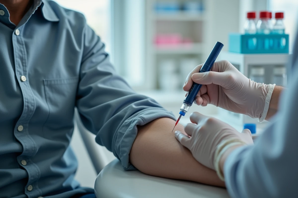 Prise de sang pour dosage des transaminases SGOT dans un laboratoire d'analyses médicales