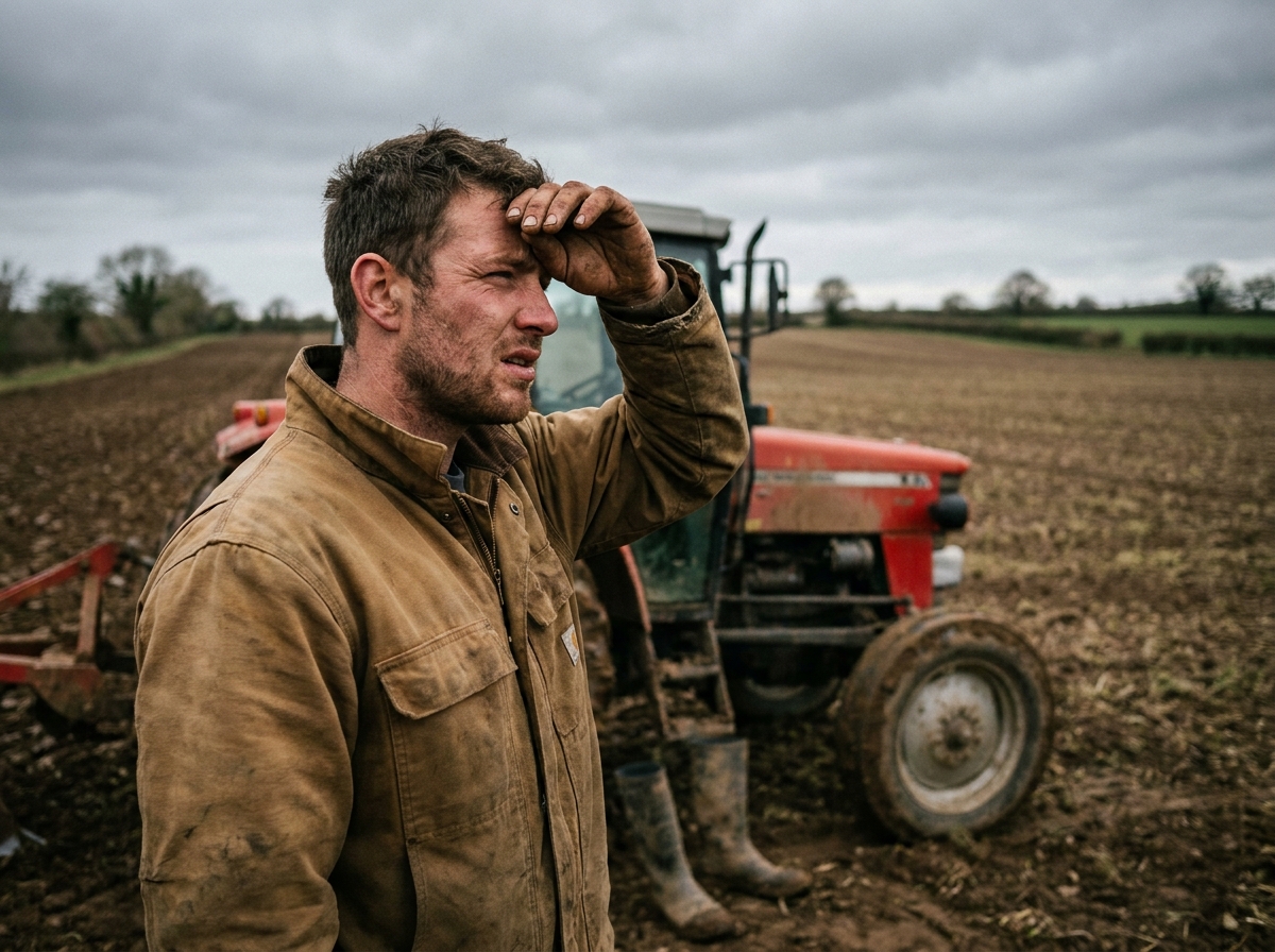 Jeune agriculteur se protégeant les yeux du soleil dans un champ agricole en zone rurale