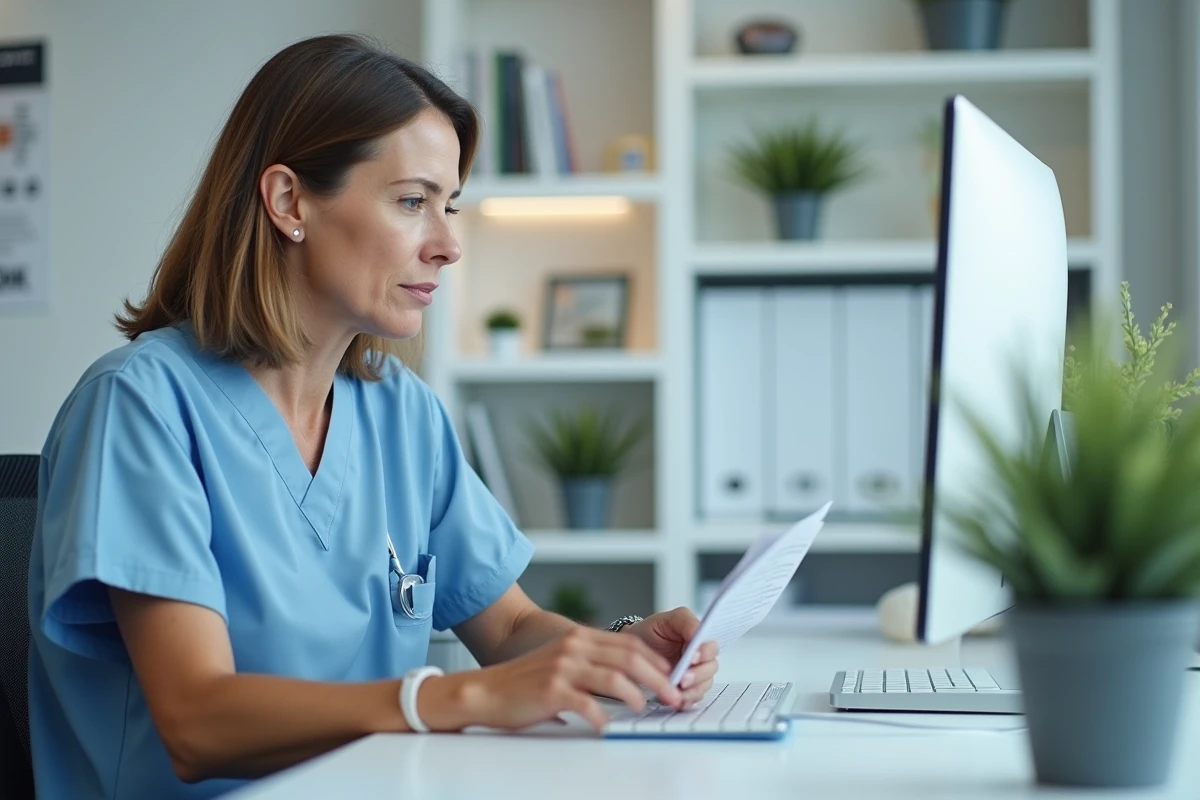 Réceptionniste médicale consultant un agenda de rendez-vous sur ordinateur dans un cabinet moderne