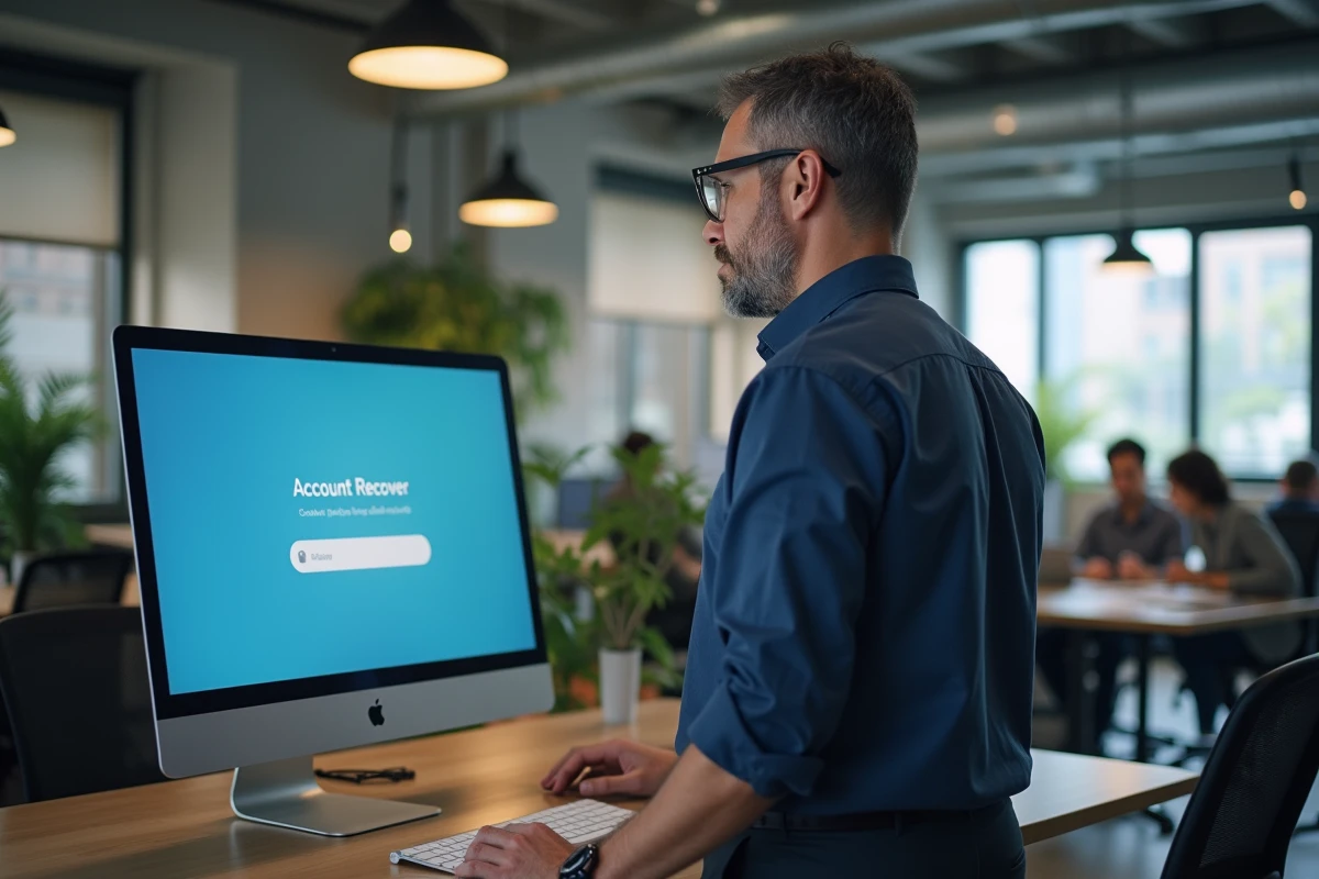 Homme récupérant l'accès à son compte web depuis un bureau en open space professionnel
