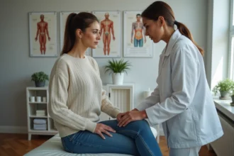 Femme en consultation de reeducation dans une clinique moderne