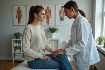 Femme en consultation de reeducation dans une clinique moderne