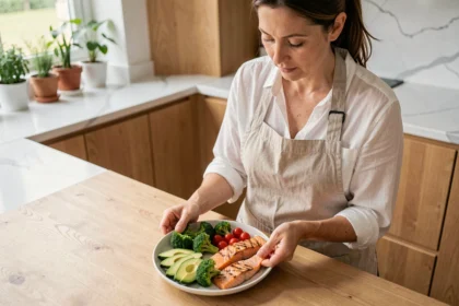 Femme préparant une assiette saine et équilibrée pour réduire les transaminases avec un régime alimentaire adapté