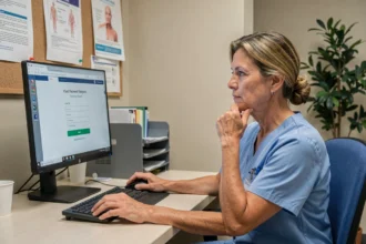 Infirmière en blouse bleue réinitialisant son mot de passe sur l'espace agent CHU Montpellier depuis un ordinateur de bureau en milieu hospitalier