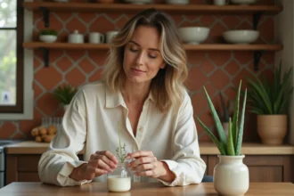 Femme tenant des ingrédients naturels comme le yaourt et l'aloe vera pour remèdes de grand-mère contre les démangeaisons intimes