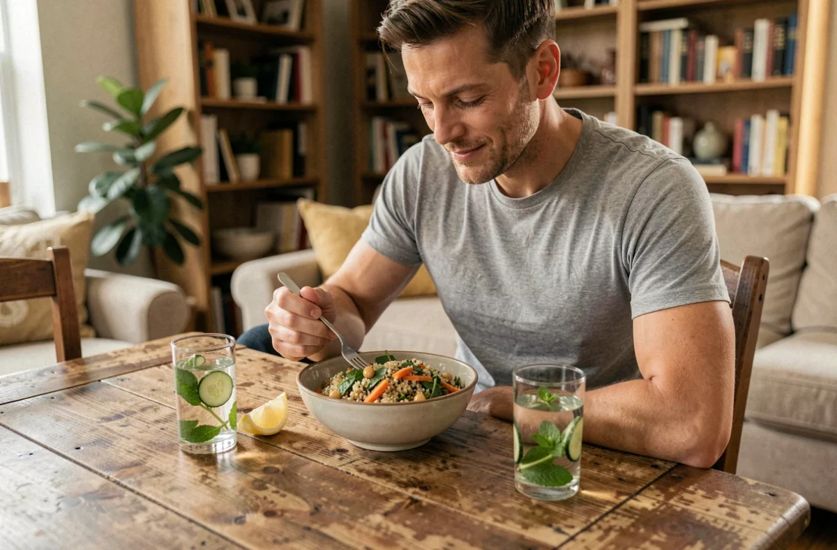 Homme mangeant un repas équilibré riche en légumes et protéines végétales pour améliorer la santé du foie