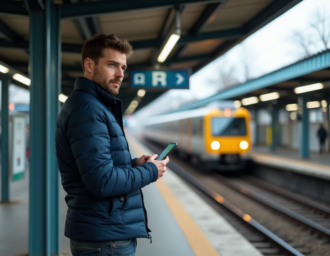Voyageur sur un quai de RER en Île-de-France consultant une carte pour rejoindre la CPAM de Nanterre