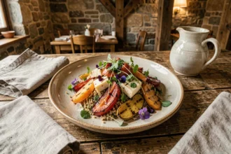 Assiette healthy inspirée de la cuisine basque avec légumes grillés, quinoa et herbes fraîches dans un restaurant des Pyrénées-Atlantiques