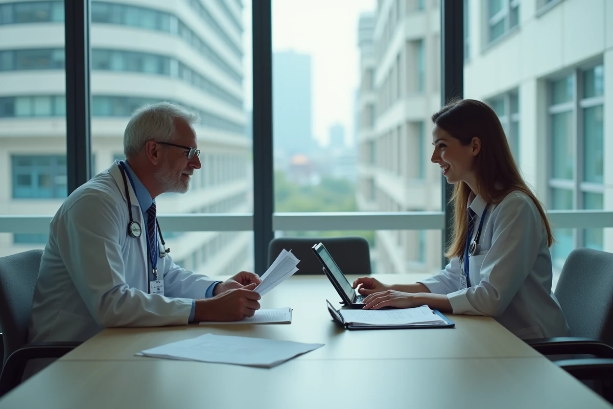 Médecin et administratrice hospitalière en réunion autour de documents de conformité pour logiciel médical sécurisé