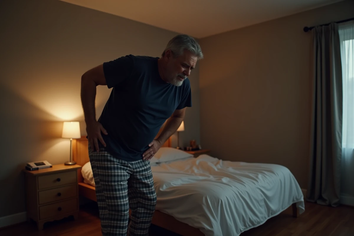 Homme debout près de son lit en pleine nuit, se tenant l'aine droite avec une expression de douleur aiguë lors d'un réveil nocturne