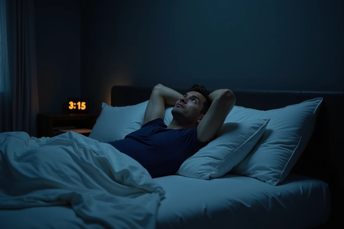 Homme réveillé en pleine nuit les yeux ouverts au plafond, illustrant les réveils nocturnes multiples liés à la fatigue chronique