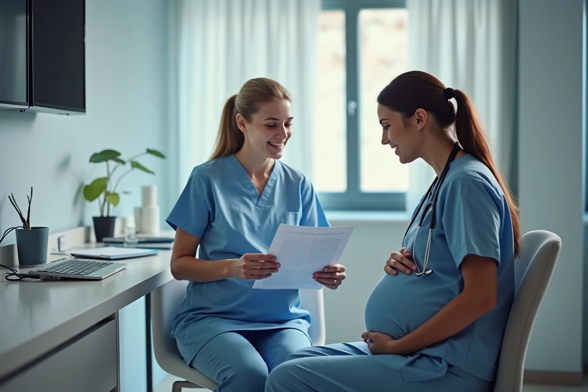 Sage-femme rassurant une femme enceinte dans une salle moderne