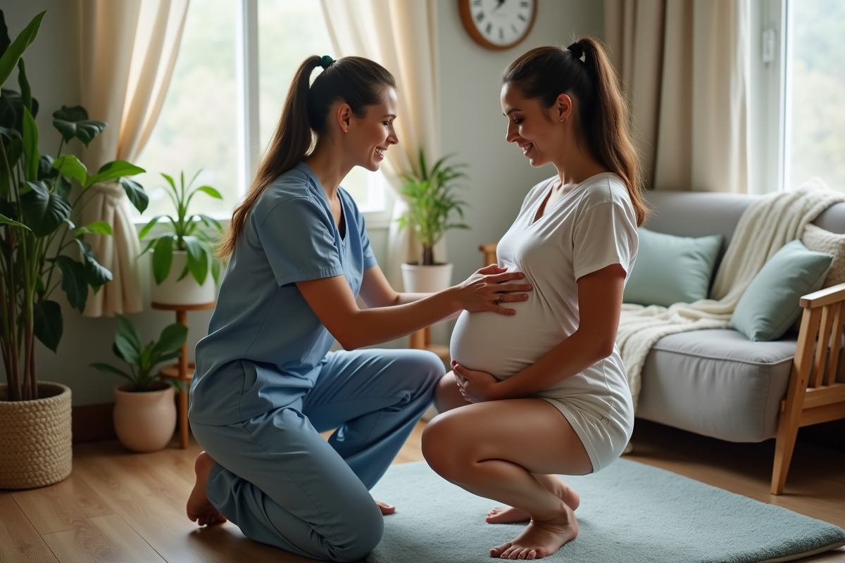 Sage-femme aidant une femme enceinte lors d’un squat en salle de naissance