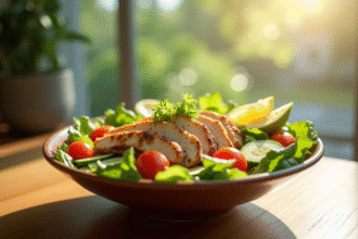 Salade colorée avec poulet grillé et avocat frais