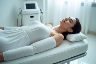 Femme allongée en combinaison de pressothérapie lors d'une séance en cabinet de soins esthétiques