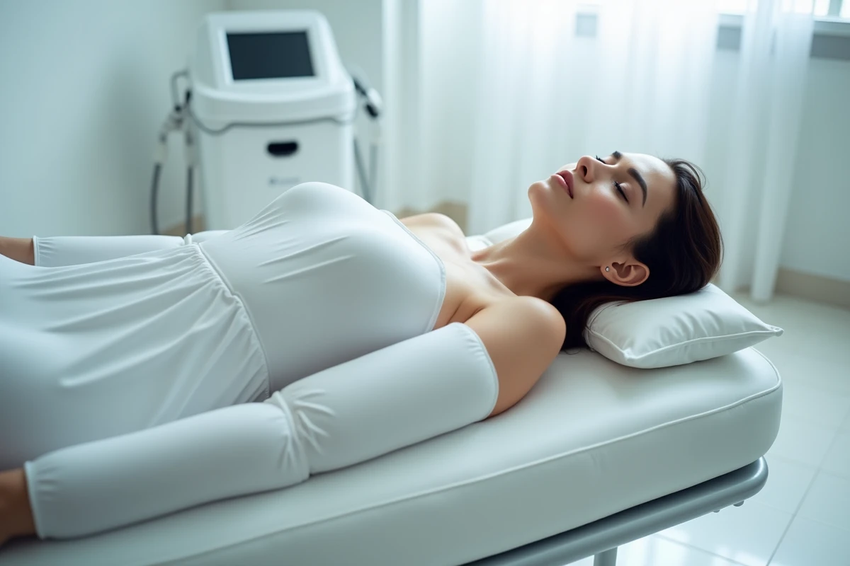 Femme allongée en combinaison de pressothérapie lors d'une séance en cabinet de soins esthétiques