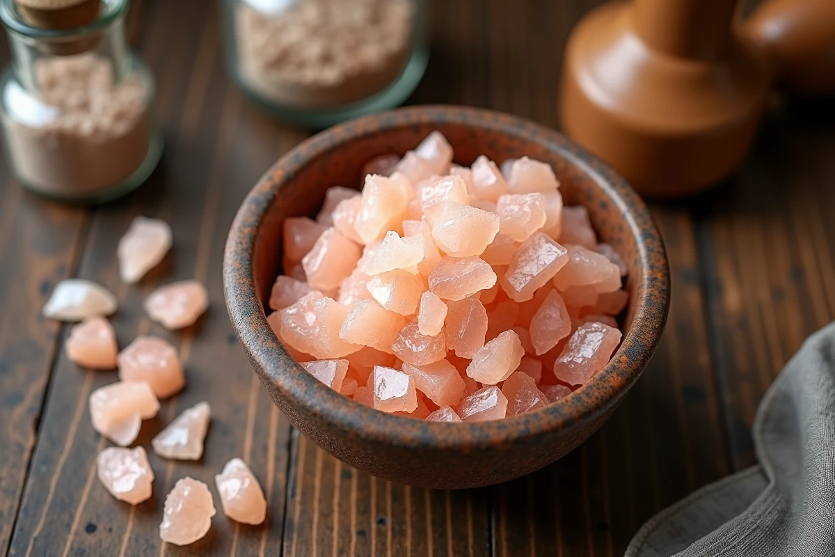 Bol en céramique rustique rempli de cristaux de sel rose de l'Himalaya sur un plan de travail en bois, illustration des bienfaits et risques pour l'hypertension