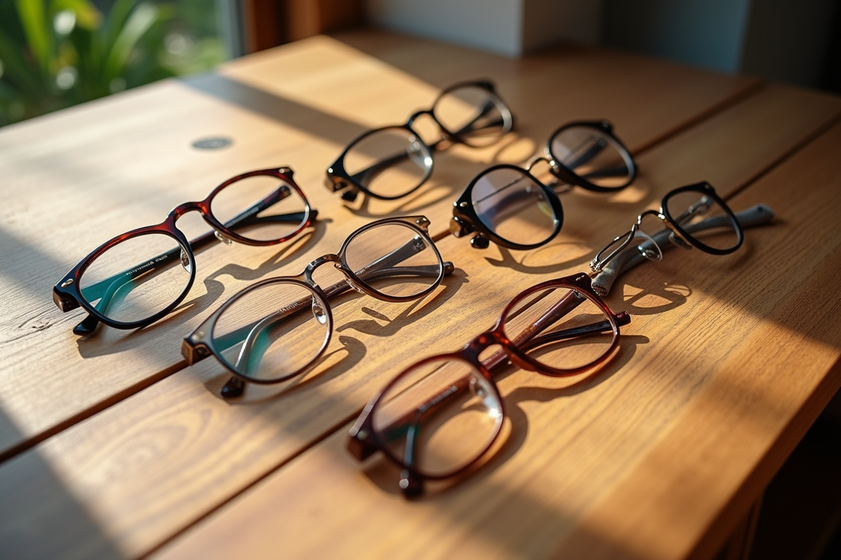 Variété de montures de lunettes sur une table en bois ensoleillée