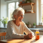 Femme senior souriante à la cuisine avec vitamine B12