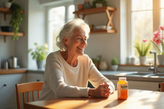 Femme senior souriante à la cuisine avec vitamine B12