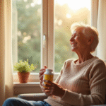 Femme senior souriante avec vitamine D3 à la maison