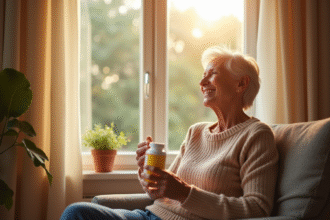 Femme senior souriante avec vitamine D3 à la maison
