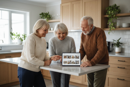 Groupe de seniors discutant autour d'une tablette dans une cuisine moderne