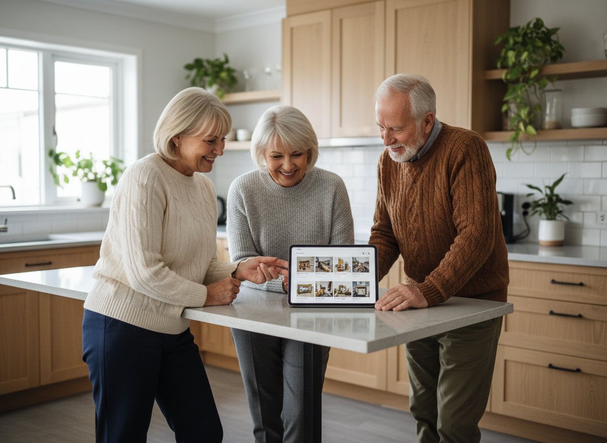 Groupe de seniors discutant autour d'une tablette dans une cuisine moderne