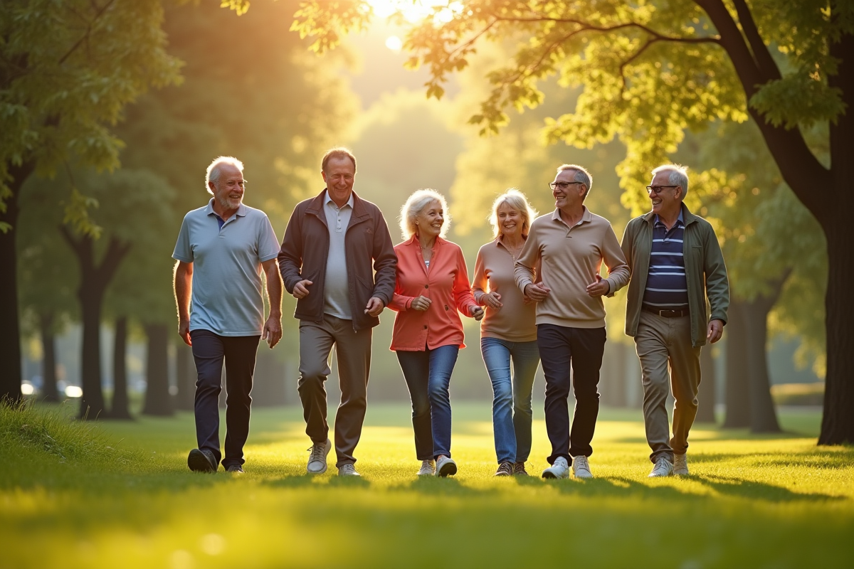 Groupe de seniors actifs marchant dans un parc ensoleille