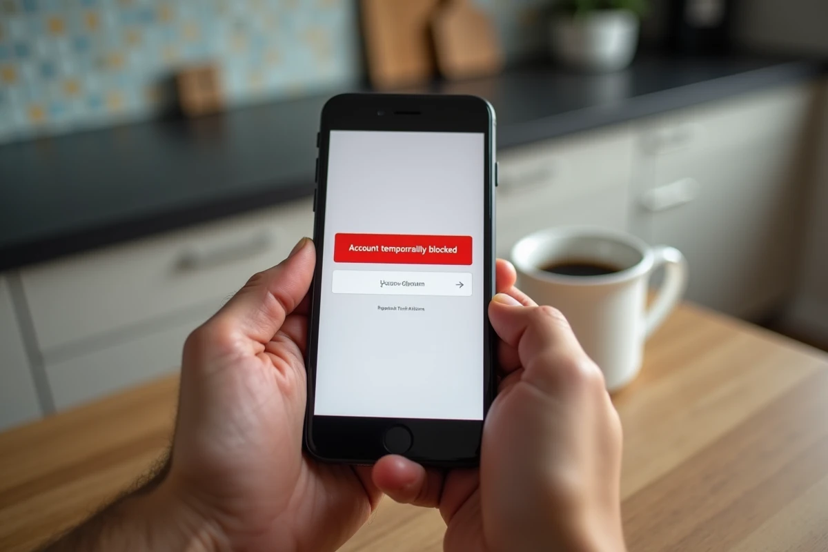 Gros plan sur un smartphone affichant un message de compte bloqué après plusieurs tentatives de connexion échouées