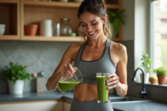 Femme souriante versant un smoothie vert dans un verre en cuisine